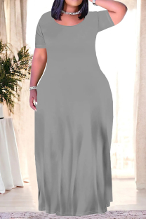 Grey Casual Daily Solid Color Pocket O Neck Printed Plus Size Dresses