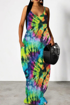 Multicolor Casual Print Patchwork Backless Spaghetti Strap Sling Dresses