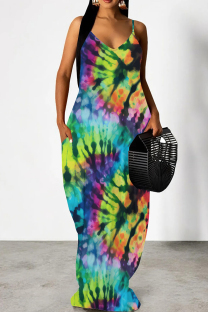 Multicolor Casual Print Patchwork Backless Spaghetti Strap Sling Dresses