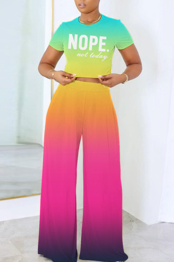 Green Purple Casual Gradient Print Letter Print Basic O Neck Short Sleeve Two Pieces