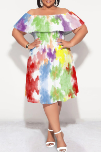 Multicolor Elegant Gradient Print Ruffle Off Shoulder Printed Plus Size Dresses