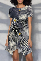 Grey Casual Faux Denim Print O Neck Printed Short Sleeve Dress