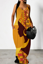 Orange Elegant Print Patchwork Backless Spaghetti Strap Sling Dresses