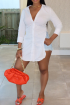 White Casual Solid Color Buckle Patchwork Slit Shirt Collar Tops