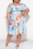 Baby Blue Elegant Gradient Print Ruffle Off Shoulder Printed Plus Size Dresses