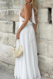 White Sexy Solid Color Backless Slit Belted Halter Long Dresses