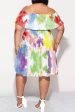Baby Blue Elegant Gradient Print Ruffle Off Shoulder Printed Plus Size Dresses