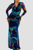 Blue Elegant Print Patchwork Ruched V Neck Long Dresses