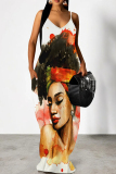 Dark Gray Elegant Print Patchwork Backless Spaghetti Strap Sling Dresses