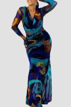 Blue Elegant Print Patchwork Ruched V Neck Long Dresses