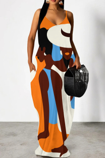 Orange Blue Elegant Print Patchwork Backless Spaghetti Strap Sling Dresses