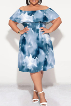 Blue Elegant Gradient Print Ruffle Off Shoulder Printed Plus Size Dresses