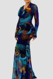 Blue Elegant Print Patchwork Ruched V Neck Long Dresses