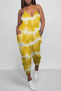 Yellow Casual Street Tie Dye Print Pocket Contrast V Neck Loose Jumpsuits