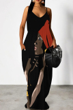 Dark Gray Elegant Print Patchwork Backless Spaghetti Strap Sling Dresses