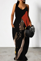 Black Red Elegant Print Patchwork Backless Spaghetti Strap Sling Dresses