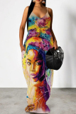 Dark Gray Elegant Print Patchwork Backless Spaghetti Strap Sling Dresses