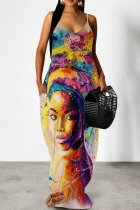Colour Elegant Print Patchwork Backless Spaghetti Strap Sling Dresses