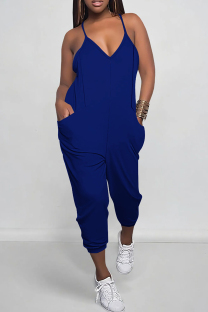 Blue Sexy Solid Color Pocket Patchwork Backless Spaghetti Strap Regular Jumpsuits