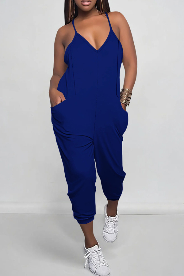 Blue Sexy Solid Color Pocket Patchwork Backless Spaghetti Strap Regular Jumpsuits