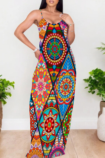 Colour Elegant Print Patchwork Backless Spaghetti Strap Sling Dresses