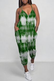 Green Casual Street Tie Dye Print Pocket Contrast V Neck Loose Jumpsuits
