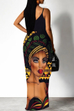 Dark Gray Elegant Print Patchwork Backless Spaghetti Strap Sling Dresses