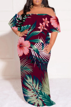 Burgundy Casual Street Floral Print Off Shoulder Printed Plus Size Dresses