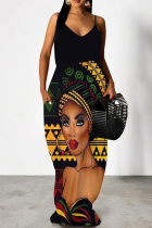 Black Elegant Print Patchwork Backless Spaghetti Strap Sling Dresses