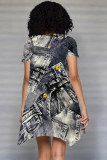 Baby Blue Casual Faux Denim Print O Neck Printed Short Sleeve Dress