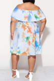 Baby Blue Elegant Gradient Print Ruffle Off Shoulder Printed Plus Size Dresses