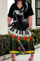 Black Casual Print Pocket Patchwork V Neck Straight Plus Size Dresses
