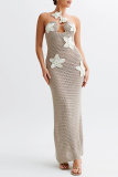 Khaki Sexy Flowers Hollow Out Patchwork Backless Strap Design Halter Long Dresses