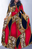 Red Casual Print Belted O Neck Long Dresses