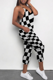 Brown Casual Daily Plaid Print Pocket Contrast V Neck Loose Jumpsuits