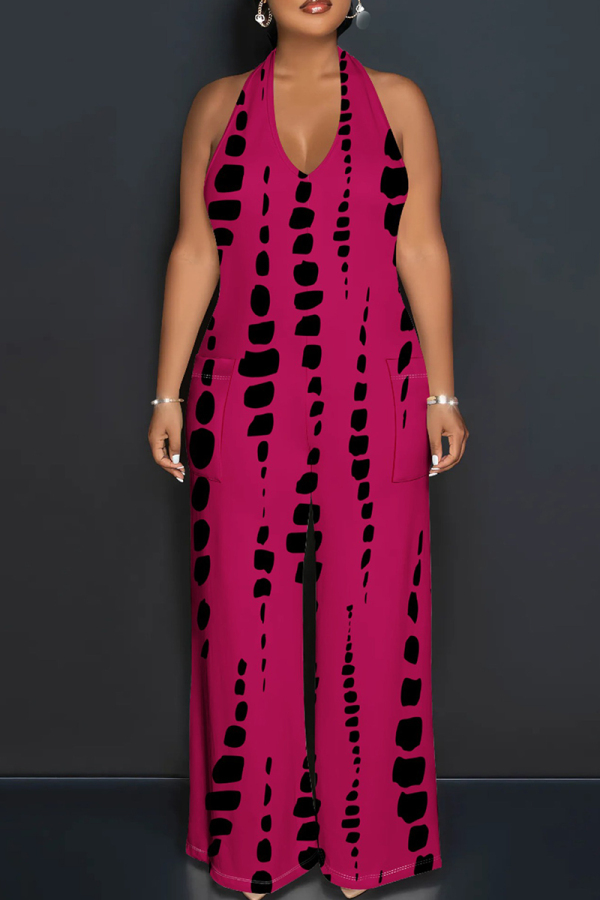 Rose Red Casual Tie Dye Patchwork Backless Halter Loose Jumpsuits