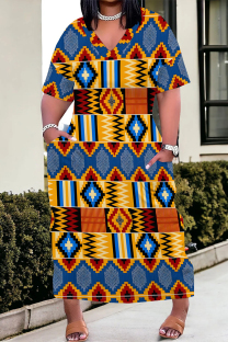 Blue Casual Geometric Print Pocket Contrast V Neck Printed Plus Size Dresses