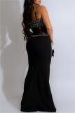 White Sexy Patchwork Backless Hot Drill Spaghetti Strap Long Dresses