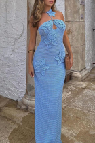Blue Sexy Flowers Hollow Out Patchwork Backless Strap Design Halter Long Dresses