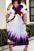 White Purple Casual Print Pocket Patchwork V Neck Straight Plus Size Dresses