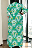 Blue Purple Elegant Geometric Print Lace Up Contrast V Neck Printed Plus Size Dresses