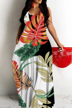 Black And White Sexy Casual Floral Print Backless Spaghetti Strap Long Dresses