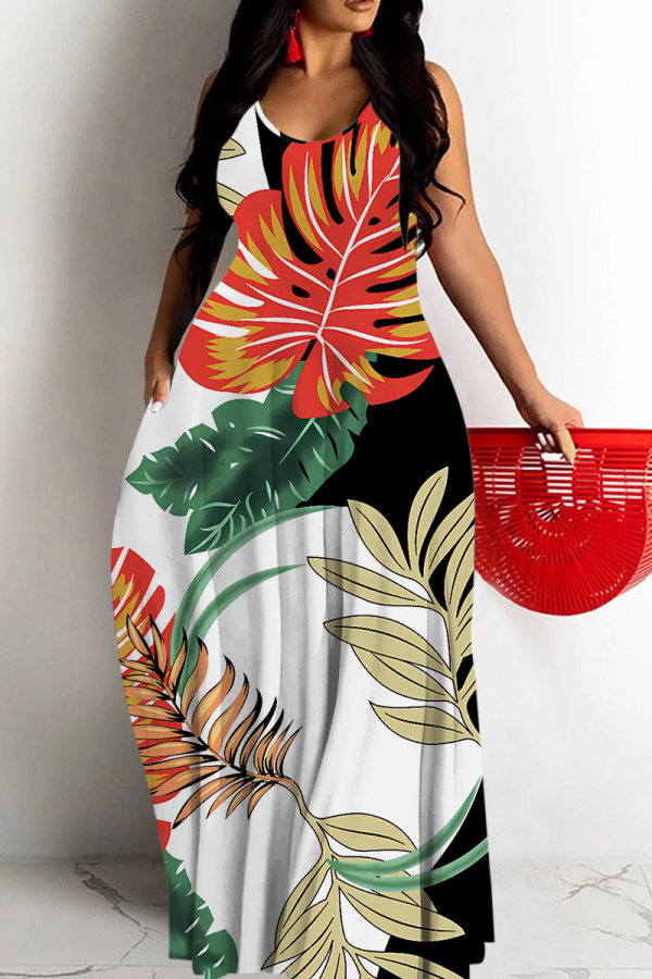 Black And White Sexy Casual Floral Print Backless Spaghetti Strap Long Dresses