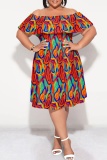 Camouflage Casual Print Patchwork Off Shoulder Short Sleeve Plus Size Dresses