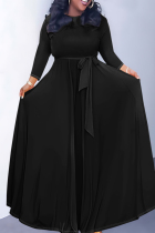 Black Casual Solid Color Belted O Neck Long Dresses