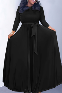 Black Casual Solid Color Belted O Neck Long Dresses