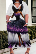 Purple Casual Print Pocket Patchwork V Neck Straight Plus Size Dresses