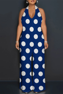 Blue Casual Street Ripple Print Lace Up Backless Halter Loose Jumpsuits
