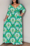 Blue Purple Elegant Geometric Print Lace Up Contrast V Neck Printed Plus Size Dresses