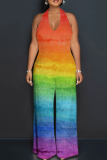 Powder Blue Street Tie Dye Patchwork Backless Strap Design Halter Loose Jumpsuits